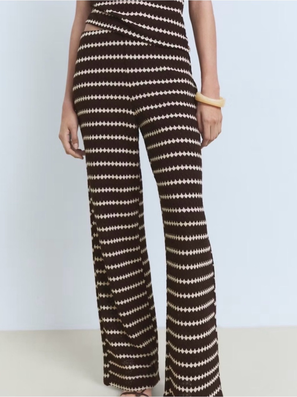 Mango Brown & Cream Striped Wide-Leg Knit Pants